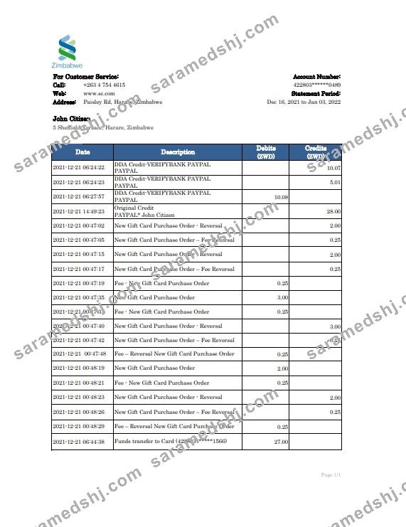 Zimbabwe Standard Chartered bank statement, Excel and PDF template